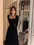 Getadme Autumn Slim Black Velvet Dress Casual Korean Fashion Elegant Midi Dress Woman Party Long Sleeve Vintage Lace Dress Design