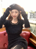 Getadme-Faux Fur 2 Piece Dress Set Women Casual Y2k Crop Tops + Mini Skirt Female Spring Elegant Knitted Suit Korea Fashion Bodycon