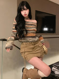 Getadme- Y2K Vintage Striped Cropped Sweater Women Harajuku Hip Hop Slim Knitted Jumper Sweet Off Shoulder Pullover Korean Tops