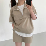 Women's Casual 2 Piece Set Suit 2023 Summer Tracksuit Short Sleeve Zipper Blouses Shorts Women Suits Streetwear Female Clothing