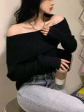 Getadme Off Shoulder Knitted Sweater Women Long Sleeve Elegant Pullovers Autumn Winter Pure Color Fashion Sexy Y2k Clothing Tops Korean