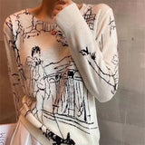 Getadme-Refined Imitation Wool Knit T-Shirt Women's Long Sleeve Top Graffiti Digital Jacquard Pullover Ladies Sweater Summer Thin