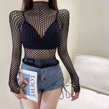 Sexy Gothic Black Fishnet Mesh See Through T-Shirt Women Skinny Goth Hollow Out Long Sleeve Shirts Crop Top Tee Shirt Streetwear