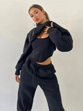 Getadme-Fashion 3 Pieces Hoodies Set Women Spring Tracksuits Hooded Long Sleeve Cropped Sweatshirt Bandage Corset Long Sweatpants Suit