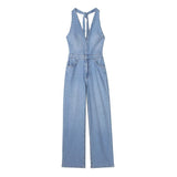 Getadme-Fashion Chic Summer Hanging Neck Cowboy Jumpsuits Women Imperial Sister Vintage Backless V-neck Female Casual Versatil Jeans New