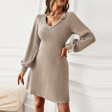 Fashion Knit Sweater Dress for Women Fall Dresses New Skinny Elastic High Waist V-Neck Solid Casual Warm Mini Dress