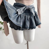 Getadme Grunge Y2k Bow Denim Skirt with shorts Kawaii Women Vintage Gyaru Ruffle Low Waist Sexy Pleated Mini Skirts Summer Streetwear