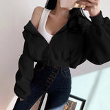 Short Hoodies Women Solid Color Lady Sweatshirt Tracksuit Long Sleeve Female Crop Top Fashion Korean Clothes Harajuku