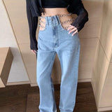 Sexy Hollow Out Chain Streetwear Jeans for Women Summer High Waist Loose Harajuku Straight Denim Pants Fashion Korean Y2K Jeans