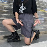 Getadme-Gothic Black Cargo Shorts Women Summer Streetwear Couple Wide Leg Shorts Woman Harajuku Big Pockets Knee Length Pants 4Xl