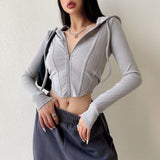 Getadme European American Sexy Hooded Women Zipper Cardigan Shirt Spring Autumn Retro Short Crop Slim Thin Sports Top