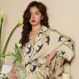 Luxury Ladies Homewear Silk Print Long Sleeve Ladies Pajama Set 2 Pieces With Pant Summer Spring Satin Pyjama For Female 2023