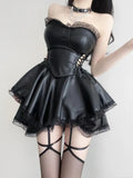 QWEEK Leather Sexy Black Dress Bandage Off Shoulder Hollow Out Lace Sexy Short Dresses Party Strapless 2023 Summer New In