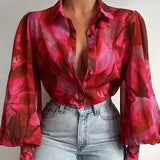 Getadme Fashion Lapel Lantern Sleeve Blouses Spring Office Lady Vintage Floral Print Shirts Tops Button Up Long Sleeve Shirt