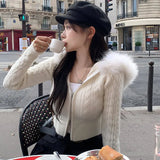 Korean Style Zip-up Cropped Sweater Cardigan Women Sweet Casual Basic Slim-fit Feathers Hooded Knitted Jackets Autumn