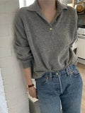 Getadme-French vintage POLO neck cashmere sweater women's autumn and winter loose all-match gray sweater casual fleece