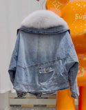 Hot Sales New Fashion Denim Goose Down Big White Fox Fur Collar Detachable Goose Down Filling Inner Lining High-End Jacket