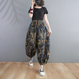 Spring New Arts Style Women Elastic Waist Ankle-length Loose Jeans Side Pocket Vintage Print Cotton Denim Harem Pants V918