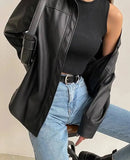 Getadme Celmia Women PU Leather Jackets Autumn Long Sleeve Lapel Outerwear Casual Street Overshirts Fashion Faux Leather Black Tops