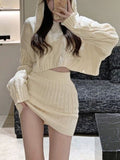 Getadme-Beige Sweater Two Piece Set Women Korean Elegant Party Mini Skirt Set Female Casual Designer Knitted Skirt Suit Autumn New