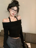 Getadme-Fashion Solid Color Off Shoulder Slash Neck Sweaters Women Autumn Y2k Knitted Pullovers Korean Slim Casual Elegant Sueter Top