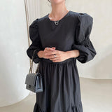 Getadme Vintage Simple Dress Women Autumn Solid Casual O-neck Puff Sleeve High Waist Black Vestidos Korea Chic  New