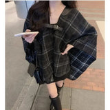 Getadme-Black Mid-length Plaid Coat Women Autumn And Winter Loose And Versatile Cape Elegant Shawl Casual Coat Korean Women Clothing