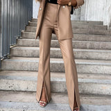 Spring Autumn Fashion Women Split PU Leather Trousers Solid Elegant High Waist Office Lady Flare Pant Zipper Slim Fit Streetwear