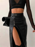 Getadme-Black PU Leather High Waist Pencil Skirts Vintage Grunge Women Streetwear Zipper High Split Bodycon Midi Skirt with Belt