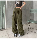 Getadme Women Casual Tech Pants Drawstring Black Low Waist Wide Leg Trousers Oversized Sweatpant Baggy Joggers Y2k Streetwear Cargo Pant