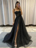 Getadme SuleaDress Black Glitter A Line Tulle Prom Spaghetti Straps Sweetheart Bones Side Slit Long Evening Gown