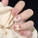 Getadme-Cute Bow Cherry Blossom Fake Nails Cherry Blossom Rain Short Nail Patch Palace Pearl Handmade Light Therapy Nail Bridal Nail Art