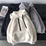 Lamb Wool Hoodies Women's Autumn Winter Korean Style Loose Hooded Sweatshirts Long Sleeve Pullover Patch Pocket Warm Jacket