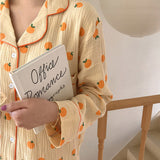 Kawaii Cotton Home Suit Korean Sleepwear Orange Print Pajamas Women Autumn Pijama Pyjamas Long Sleeve Pants 2Piece Set Nightwear