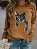 Getadme-Autumn and Winter New Solid Color Women's Fashion 3D Cat Print Round Neck Top Hoodie Long Sleeve Fashion Versatile Casual Hoodie