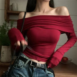 Getadme 2 Sexy Tops Off Shoulder Long Sleeve Crop Top Women's Autumn/Winter New Spicy Girl Slim Fit Short Red T-shirt