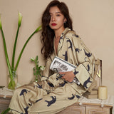 Luxury Ladies Homewear Silk Print Long Sleeve Ladies Pajama Set 2 Pieces With Pant Summer Spring Satin Pyjama For Female 2023