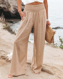 Getadme Women Spring Summer Cotton Linen Loose Wide Leg Pants Casual Office Lady Solid Color High Waist Ruched Beach Long Trousers