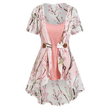 Peach Blossom Print Irregular Blouse And Camisole Set Asymmetric Women Spring New Top Twinset