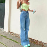 Summer women's baggy jeans bell-bottom pants mid-waist blue denim dark long casual fashion straight leg pants female