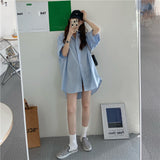 Summer New Short Sleeve Blue Shirt Tops Ladies Loose Medium and Long Youth Blouses Korean Fashion Simplicity Women Clothing