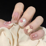 Getadme-Cute Bow Cherry Blossom Fake Nails Cherry Blossom Rain Short Nail Patch Palace Pearl Handmade Light Therapy Nail Bridal Nail Art