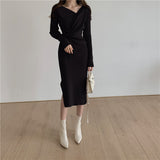 Harajuku Vintage Korean One-Piece Sweater Maxi Dresses for Women Draw String Bodycon Slim Knitted Lady Woman Dress Autumn