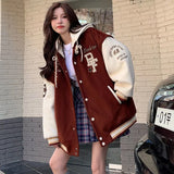 Getadme-Embroidered Hooded Bomber Jacket Women Spring Autumn Student Couple American Retro Casual Hooded Jacket Top