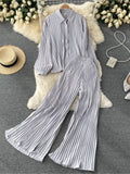 Ladies Suit Summer New Heavy Industry Pleated Long-sleeved Shirt Wild Wide-leg Pants Fashion Female 2-piece Set