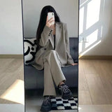 Getadme-Fashionable Casual High-end Western Clothes Coat Women Spring Autumn Loose Slim Two-piece Western Clothes Set Tea Gray Pants