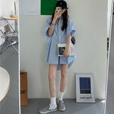 Summer New Short Sleeve Blue Shirt Tops Ladies Loose Medium and Long Youth Blouses Korean Fashion Simplicity Women Clothing