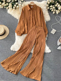Ladies Suit Summer New Heavy Industry Pleated Long-sleeved Shirt Wild Wide-leg Pants Fashion Female 2-piece Set