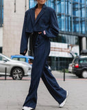 Getadme Women's Pant Suits Autumn Fashion Street Ladies Office Work Formal Long Sleeve Striped Blazer & Straight Leg Pants Suit