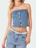 Women Denim Tube Tops Strapless Blue Casual Sexy Chic Slim Fit Button Down Bandeau Tops Corset Streetwear for Daily